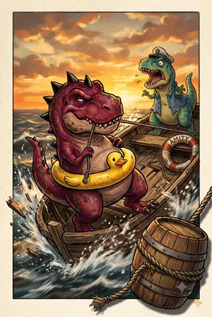 Море на закате, динозавр плывёт на бочках среди волн