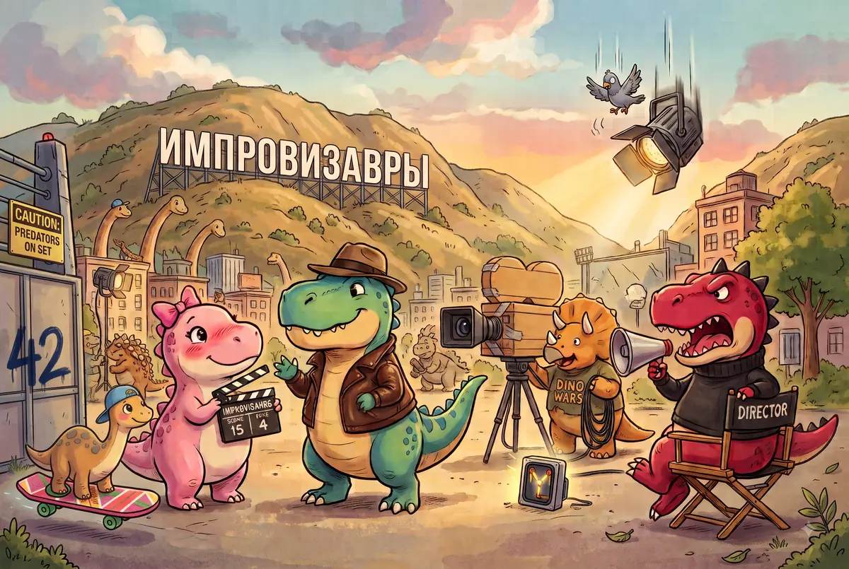 Съёмочная площадка: динозавр-режиссёр с мегафоном, оператор у камеры, динозавр с хлопушкой, на холме вдали надпись «Импровизавры»